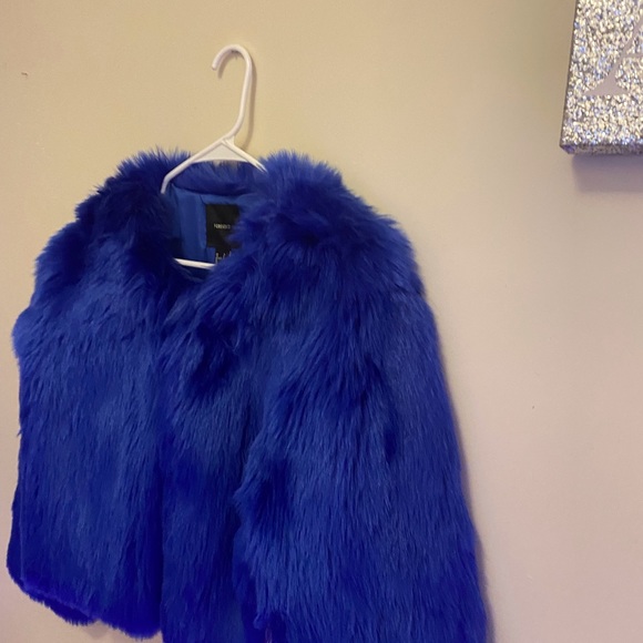 Party COLLECTION Faux Furry Electric Blue Waist Length Coat - Picture 3 of 5